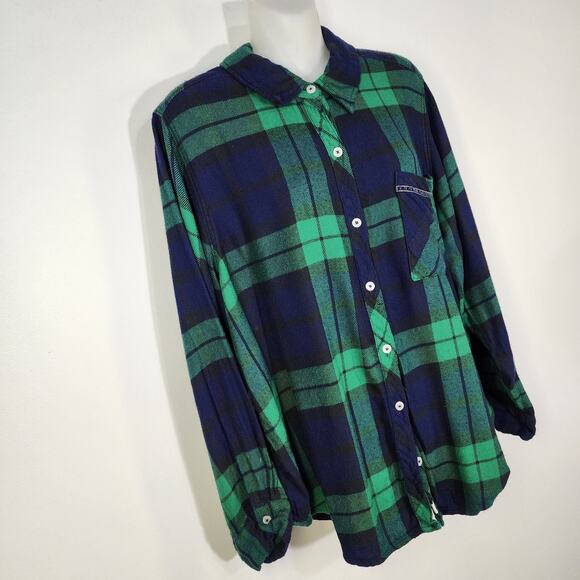 Aerie Sleepwear PJ Shirt Large Blue Green Long Sleeve Plaid Button Front Flannel - Picture 4 of 11